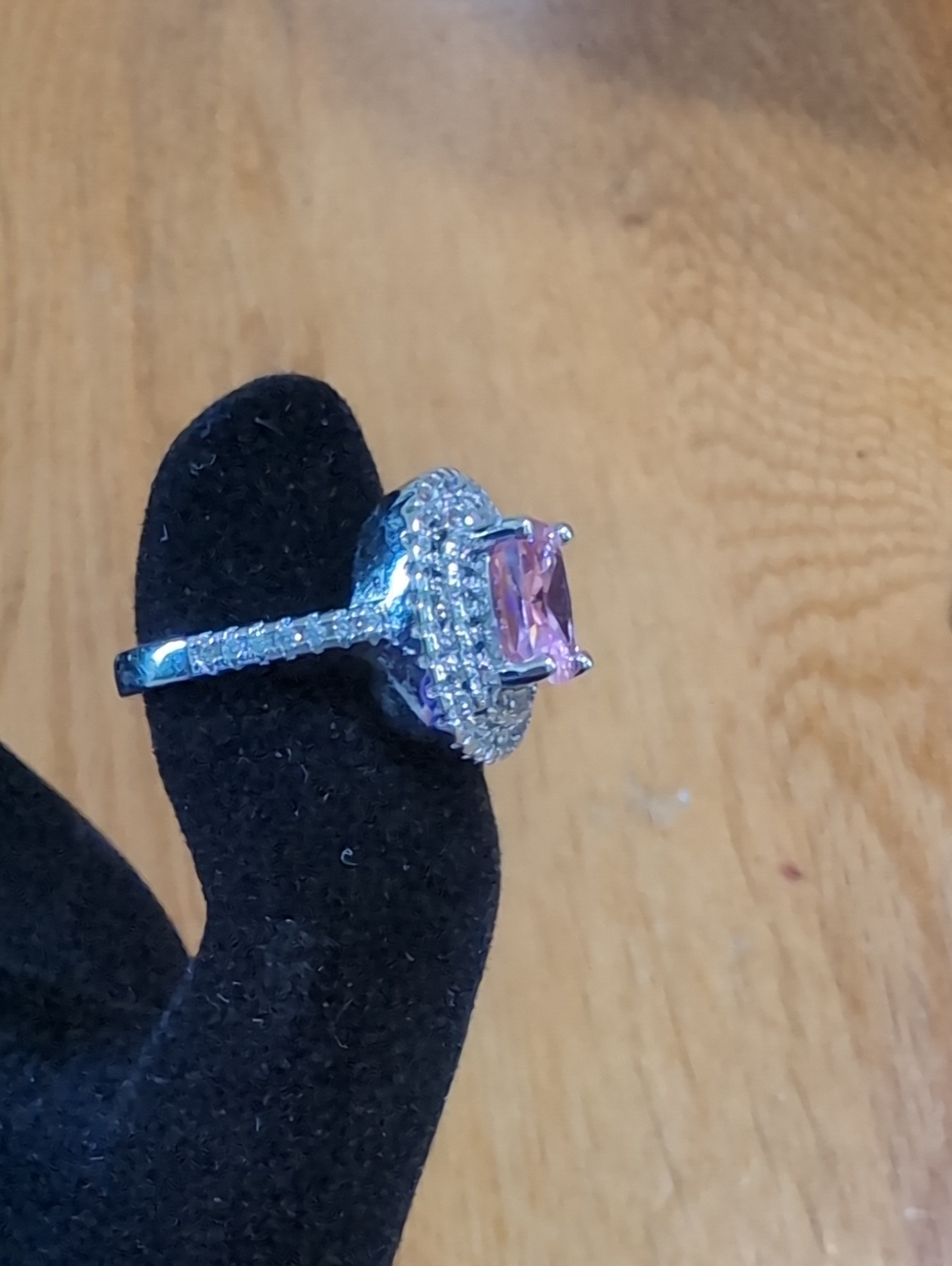 Silver Halo Ring with Pink Cushion Center Stone - Picture 3 of 3